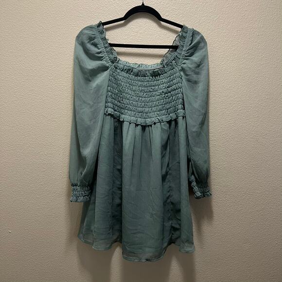 Asos Teal Shirred Skater Dress Long Sleeve Babydoll Mini Dress Smocked Size 6 - Picture 3 of 8